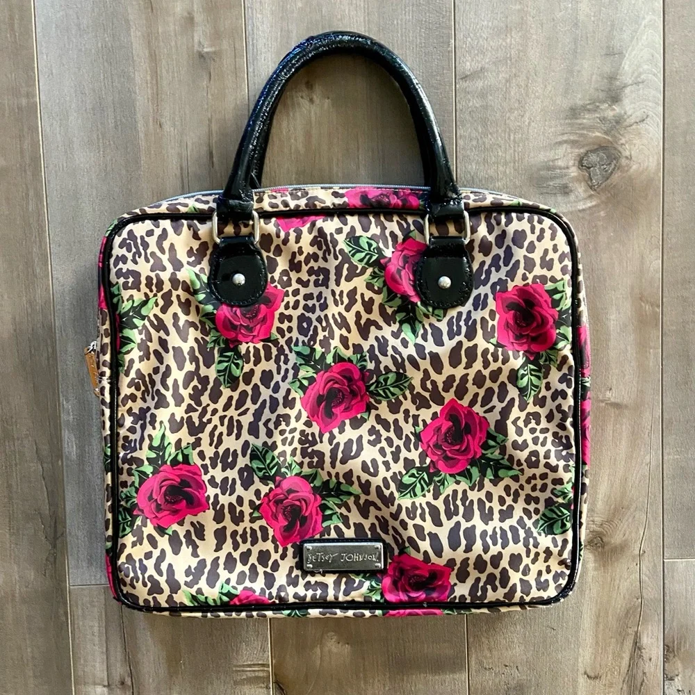 Vintage Betsey Johnson IPad, Laptop Padded Leopard and Roses Case Bag ,15” x 13